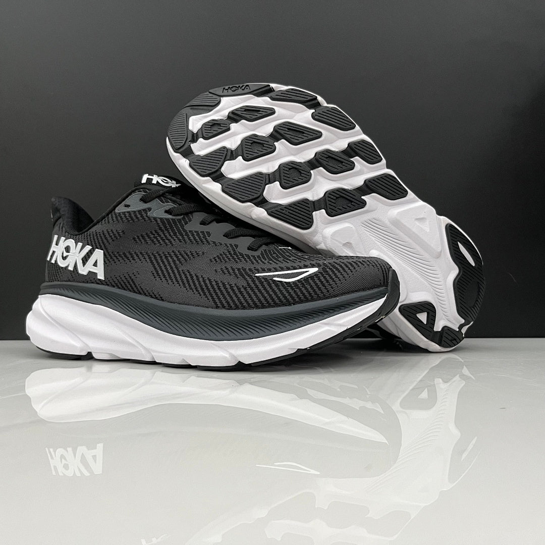 HOKA Clifton 9 Running Shoes in Black and White - product image from the listing.