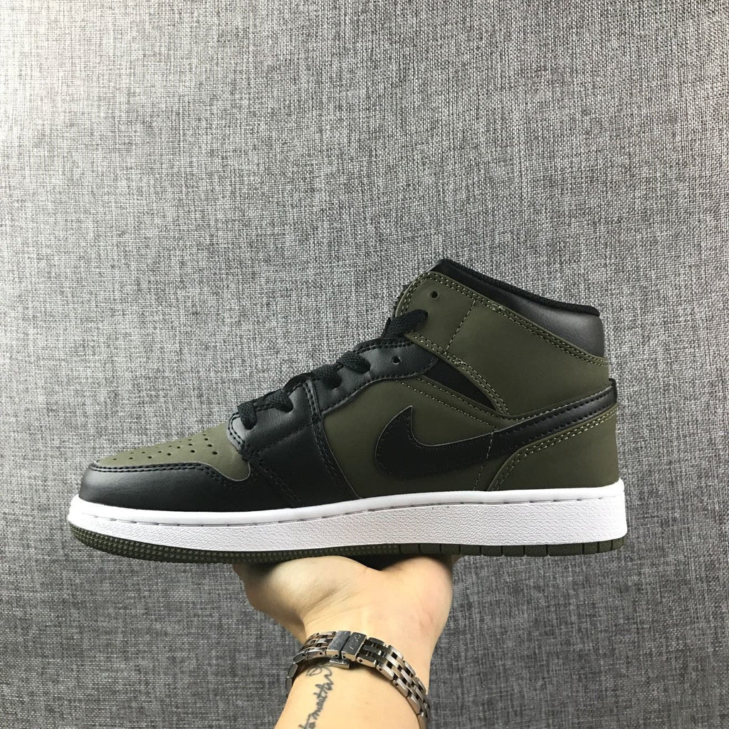 Black and Olive Green Jordan 1 Mid Sneakers - product image from the listing.
