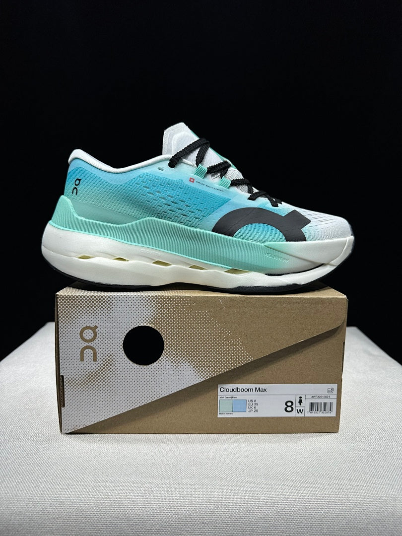 On Cloudboom Max Running Shoes, in White and Light Blue - product image from the listing.