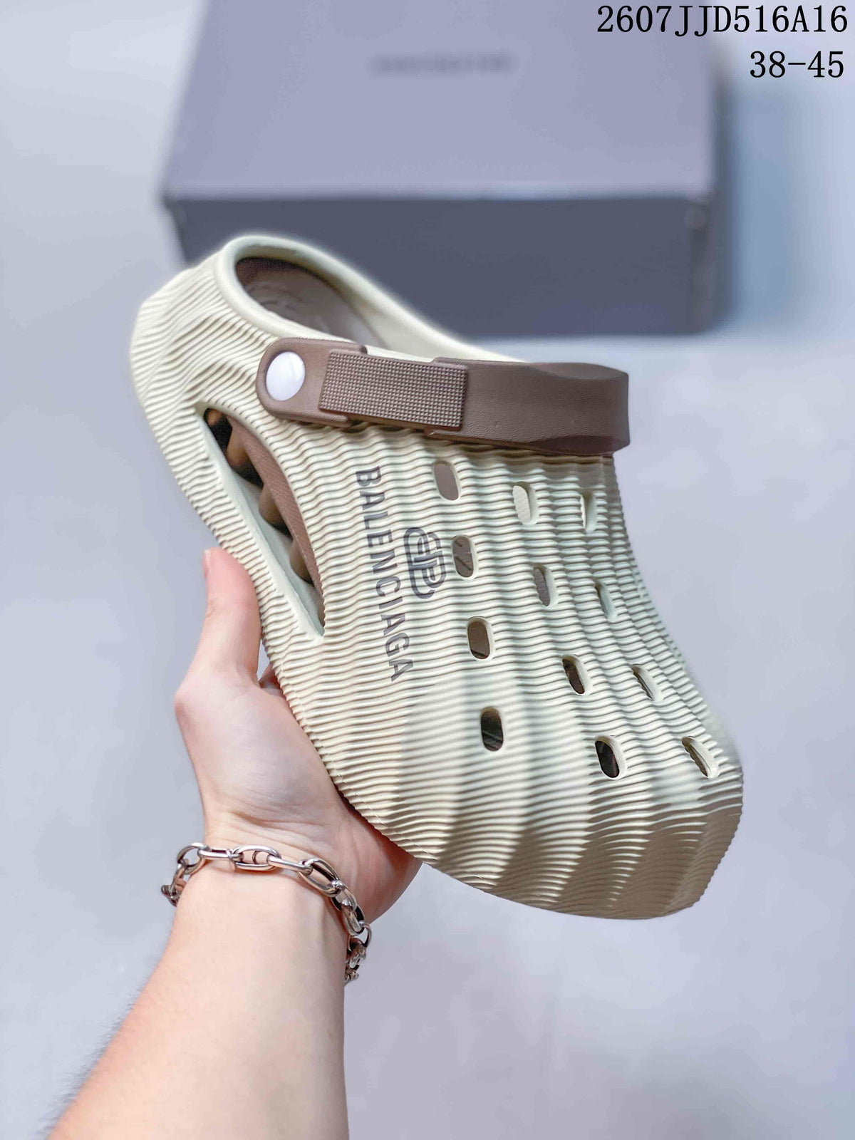 Logo Clog Sandals in Off-White with Brown Strap by Balenciaga - product image from the listing.