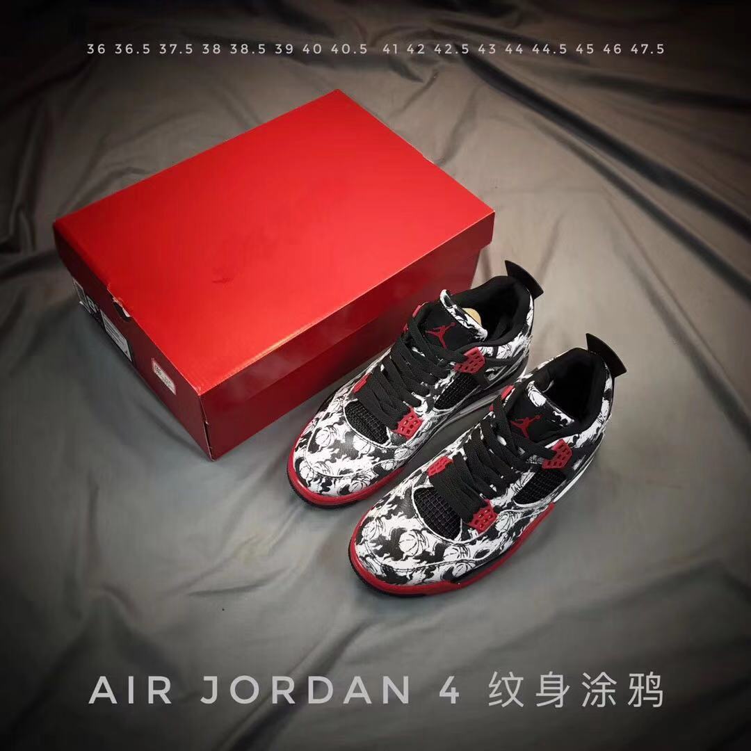 Air Jordan 4 Tattoo Black White Red Sneakers - product image from the listing.
