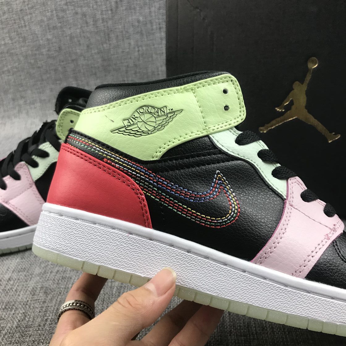 Air Jordan 1 Mid Sneakers Black Red Green Pink AV5174-076 - product image from the listing.