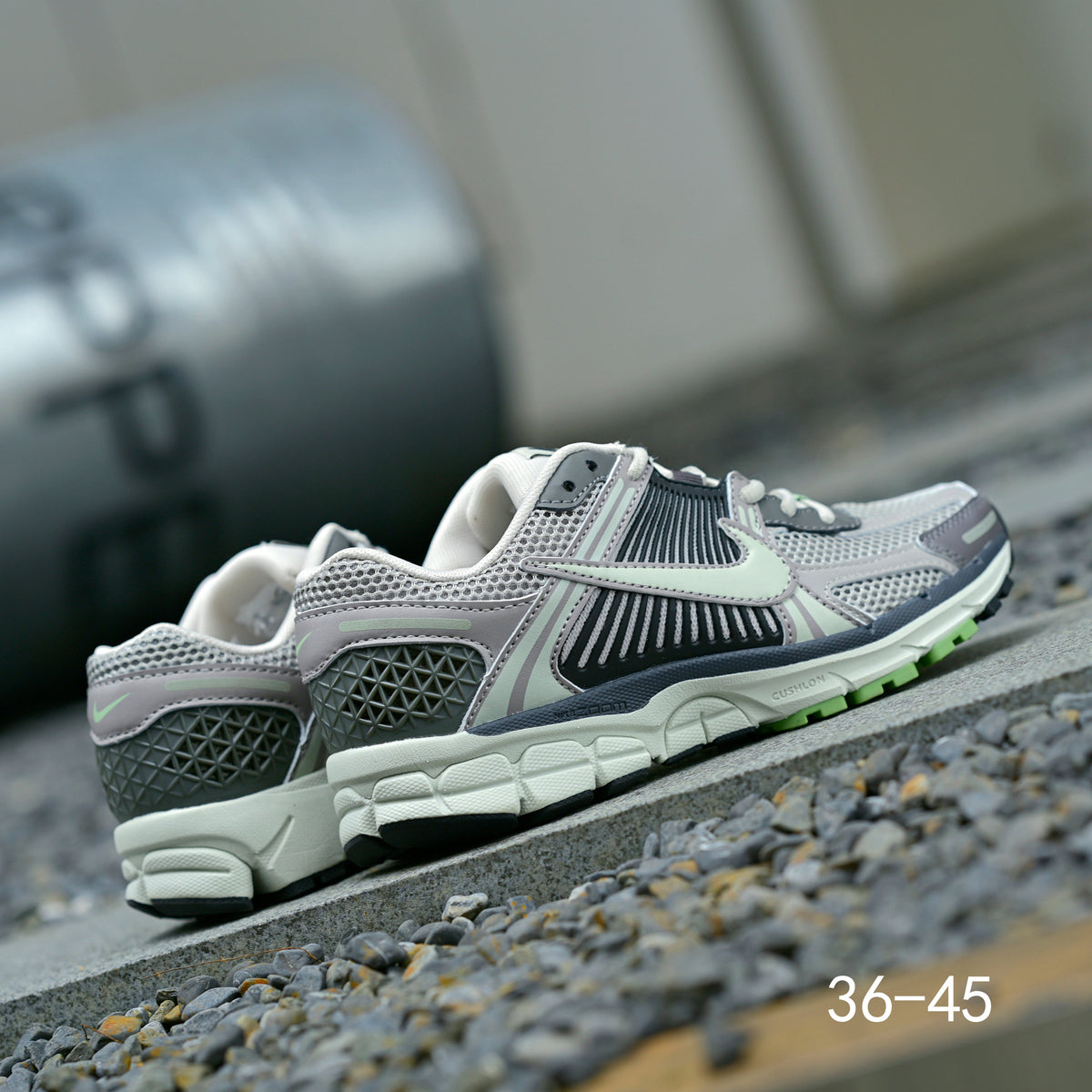 Gray and Volt Green Nike Air Zoom Vomero 5 Sneakers - product image from the listing.