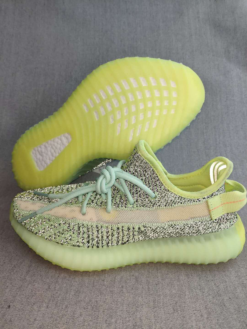 Lime Green and Mint Yeezy 350 V2 Knit Sneakers - product image from the listing.