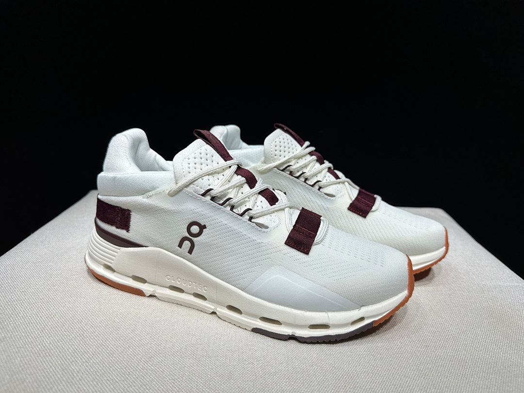On Cloudnova 2 Sneakers, in White and Burgundy - product image from the listing.