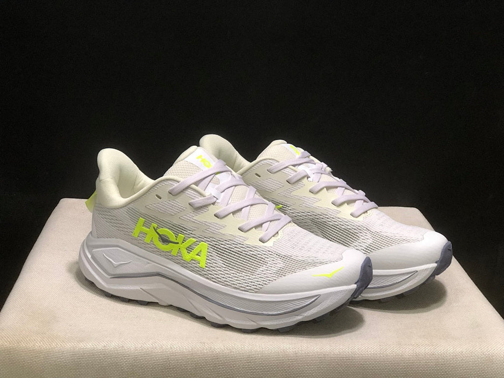 HOKA Challenger 8 Trail Running Shoes, in White and Lime - product image from the listing.