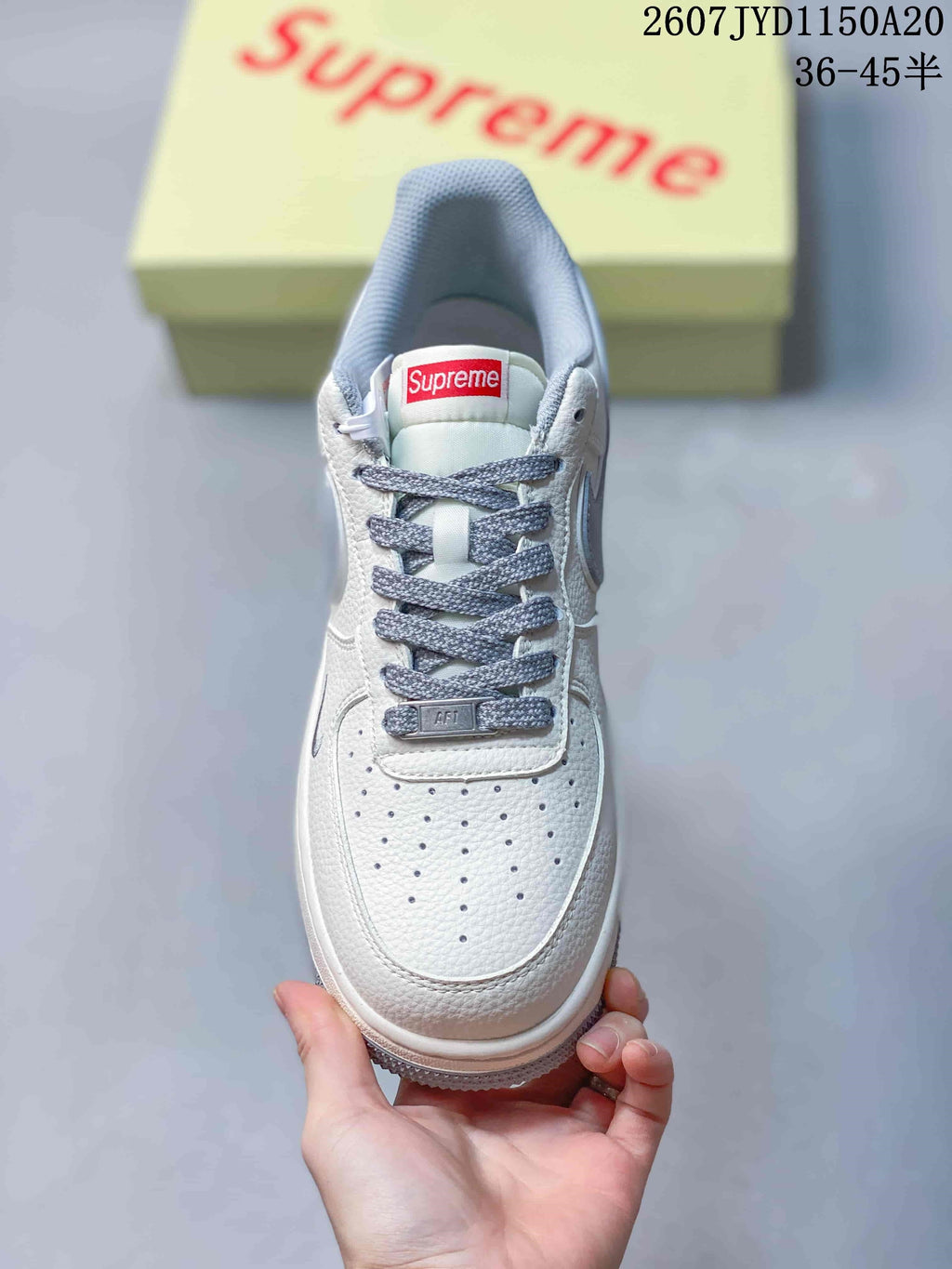 Nike Air Force 1 '07 Low White Grey Supreme Logo Trainers - product image from the listing.