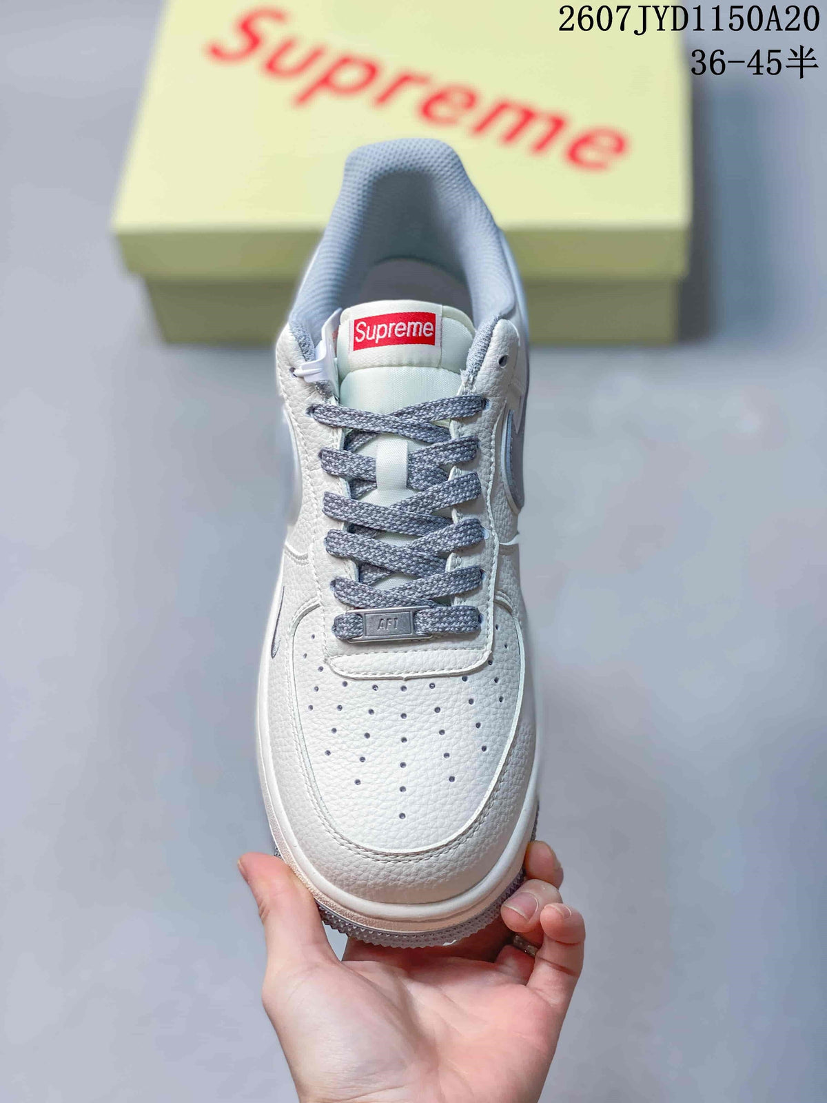 Nike Air Force 1 '07 Low White Grey Supreme Logo Trainers - product image from the listing.