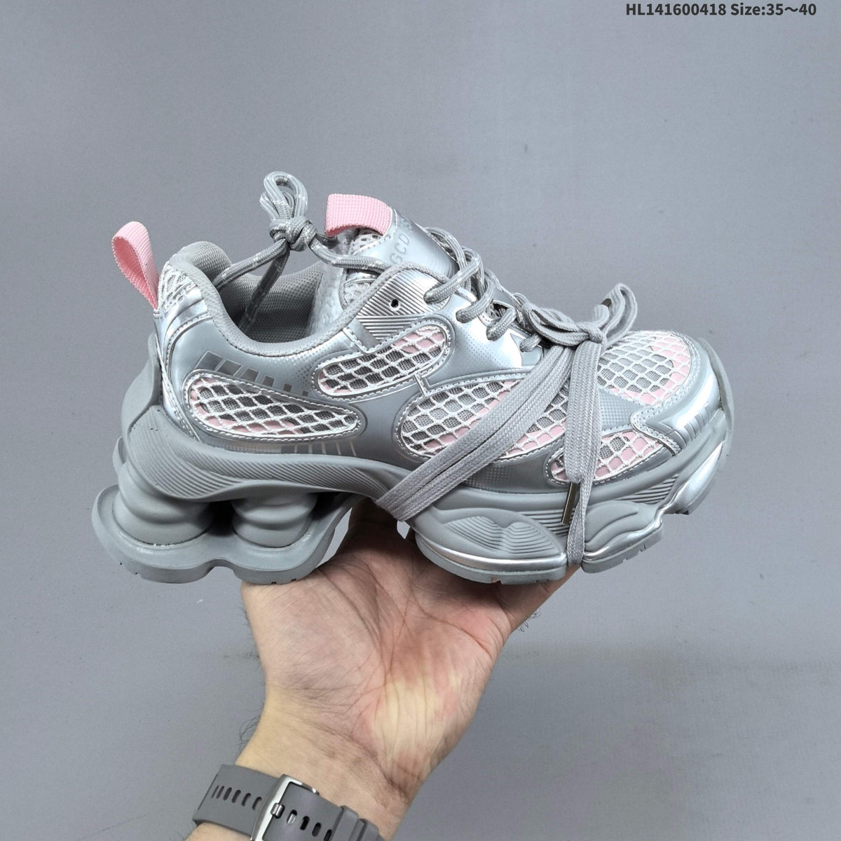 Chunky Platform Trainers in Silver and White with Mesh Panels - product image from the listing.