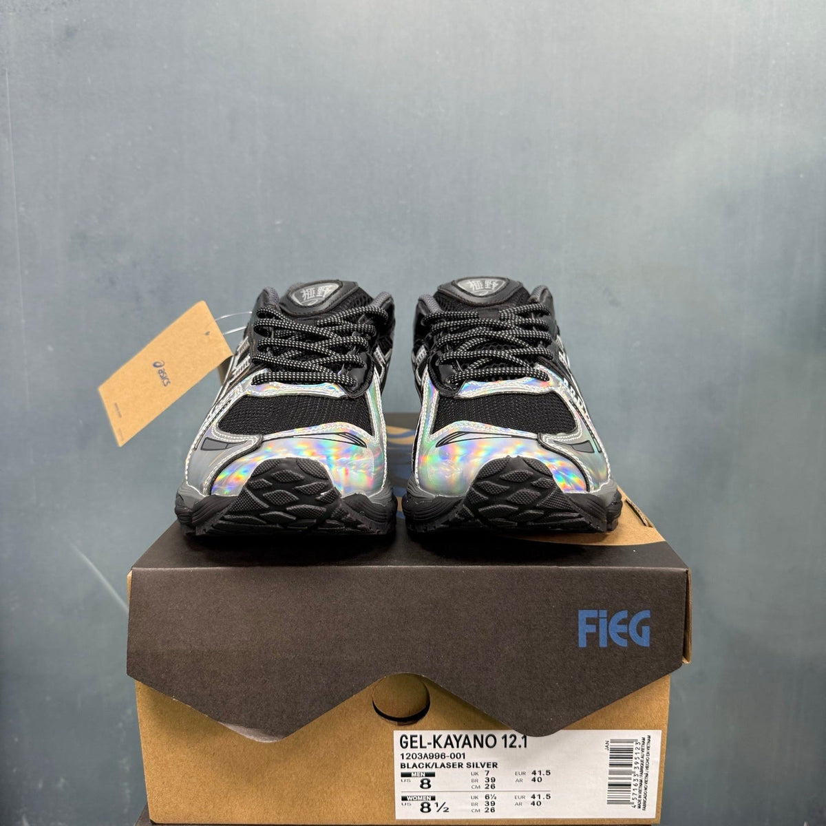 ASICS GEL-Kayano 12.1 Black Laser Sneakers in Silver - product image from the listing.