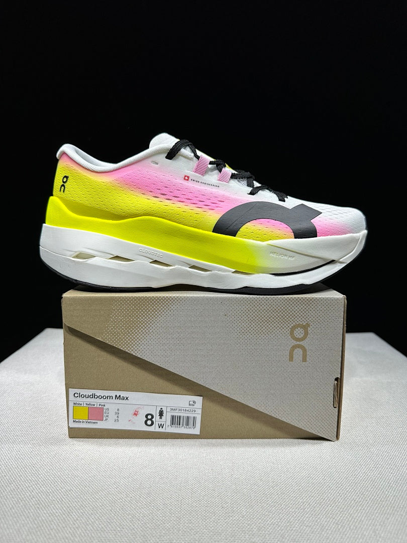 On Cloudboom Max Running Shoes, in White Pink Yellow - product image from the listing.