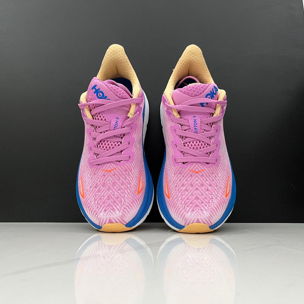 HOKA Clifton 9 Running Shoes, in Pink and Blue - product image from the listing.