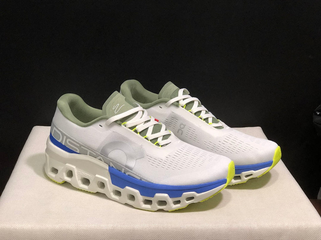 On Cloudmonster 2 Distance Running Shoes in White and Blue - product image from the listing.