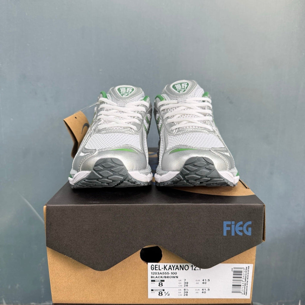 ASICS GEL-KAYANO 12.1 Sneakers in White Silver Green - product image from the listing.