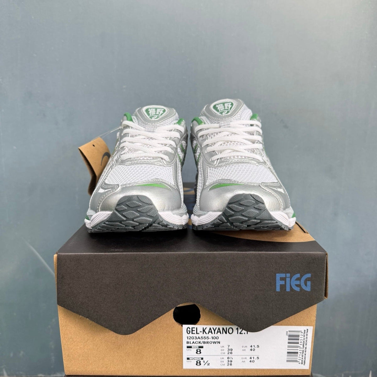ASICS GEL-KAYANO 12.1 Sneakers in White Silver Green - product image from the listing.
