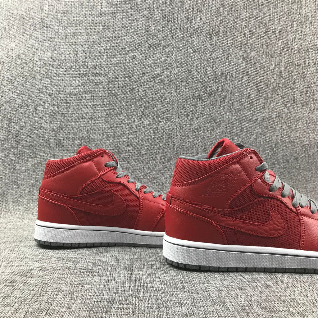Red and Grey Jordan 1 Mid High-Top Sneakers - product image from the listing.