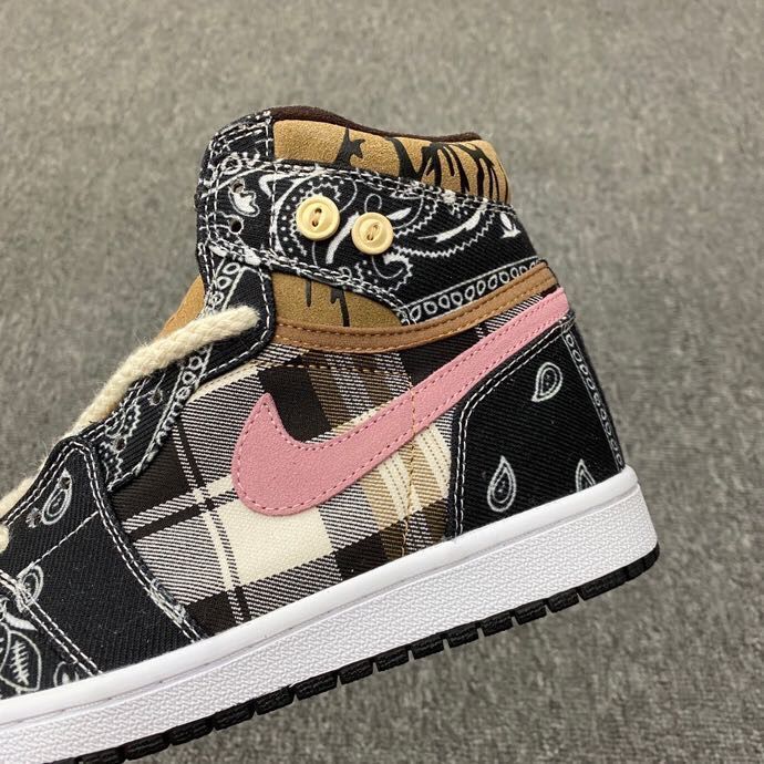 Jordan 1 Mid Paisley Sneakers in Black Tan Pink White - product image from the listing.