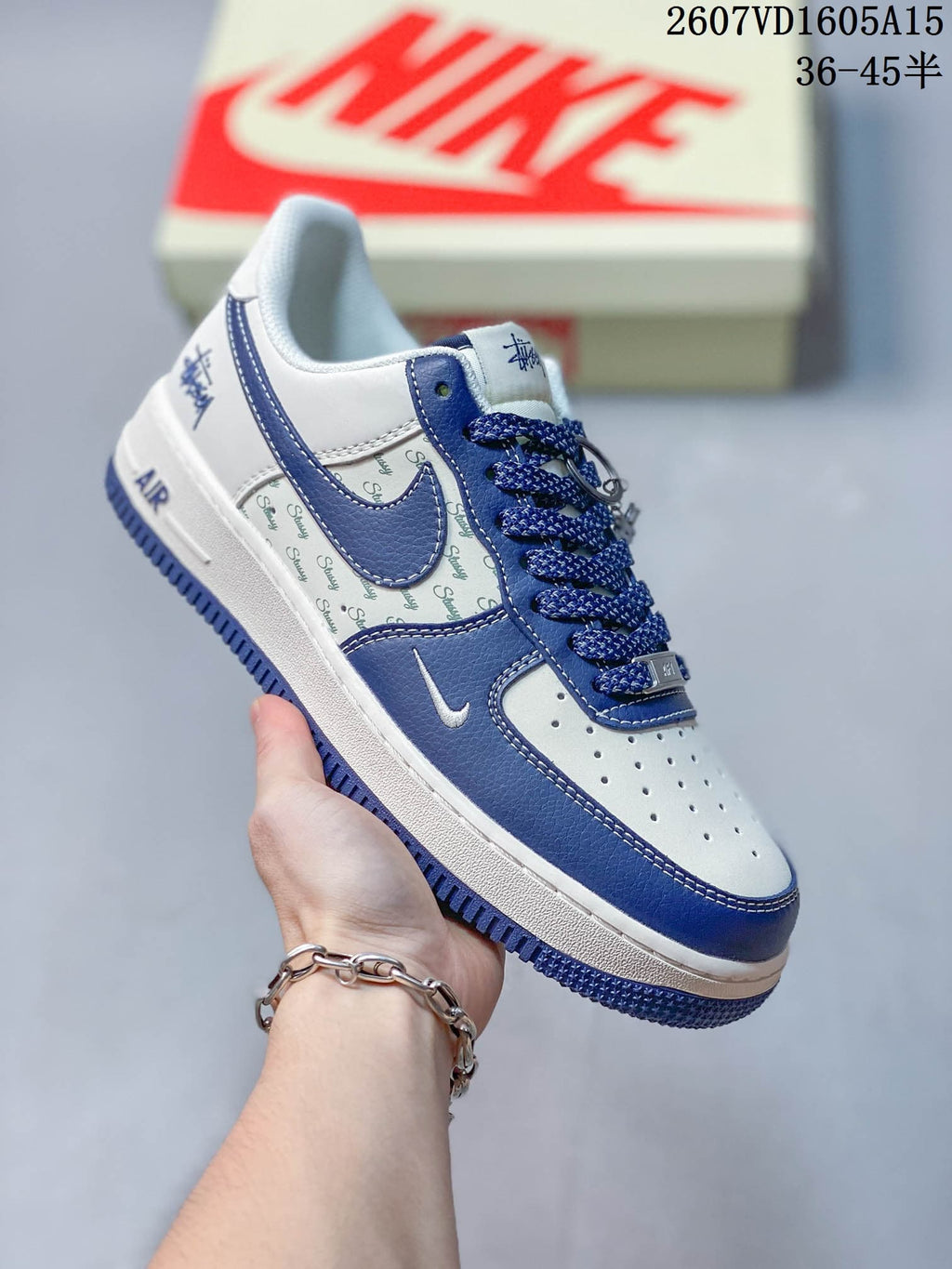 Nike Air Force 1 White Blue Custom Trainers Style 2607VD1605A15 - product image from the listing.