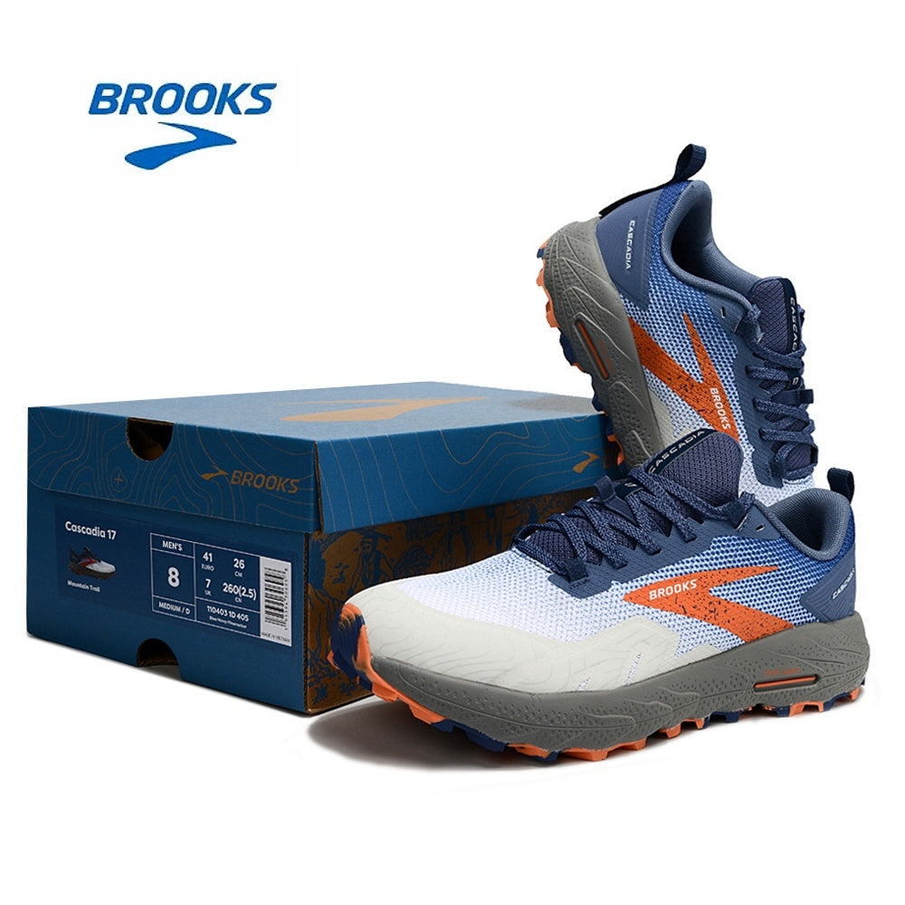 Brooks Cascadia 17 Trail Running Shoes in Navy and Orange - product image from the listing.