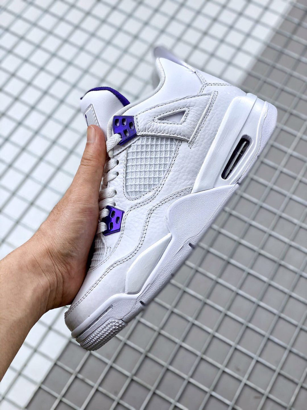 Air Jordan 4 Court Purple White and Purple Sneakers - product image from the listing.