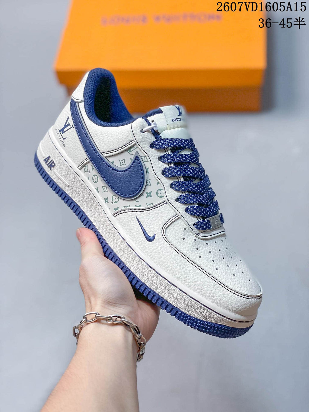 Nike Air Force 1 White Blue Custom Trainers Style 2607VD1605A15 - product image from the listing.
