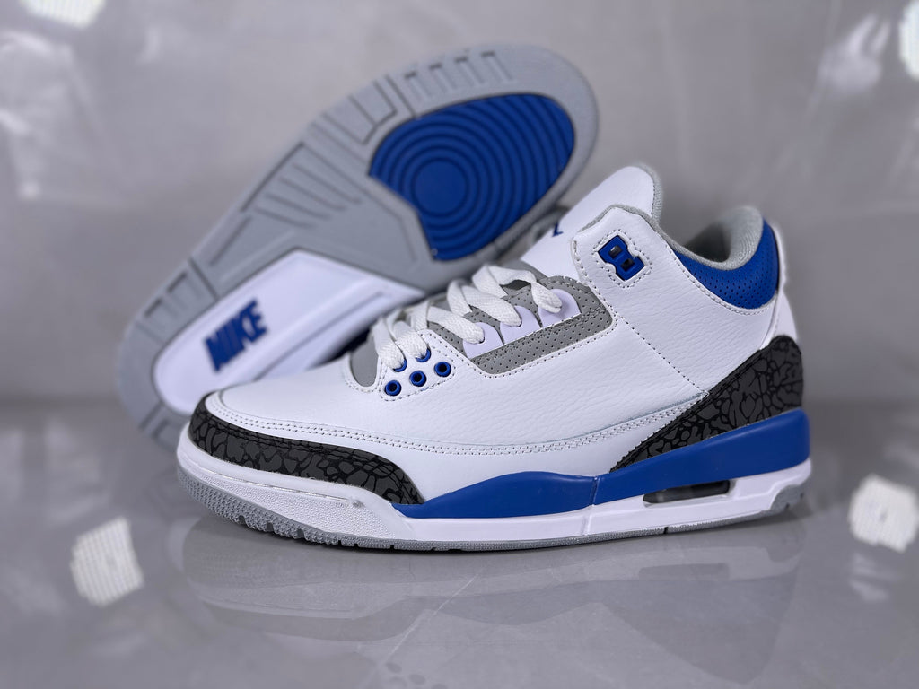 Jordan 3 Retro Basketball Sneakers in White and Royal Blue - product image from the listing.