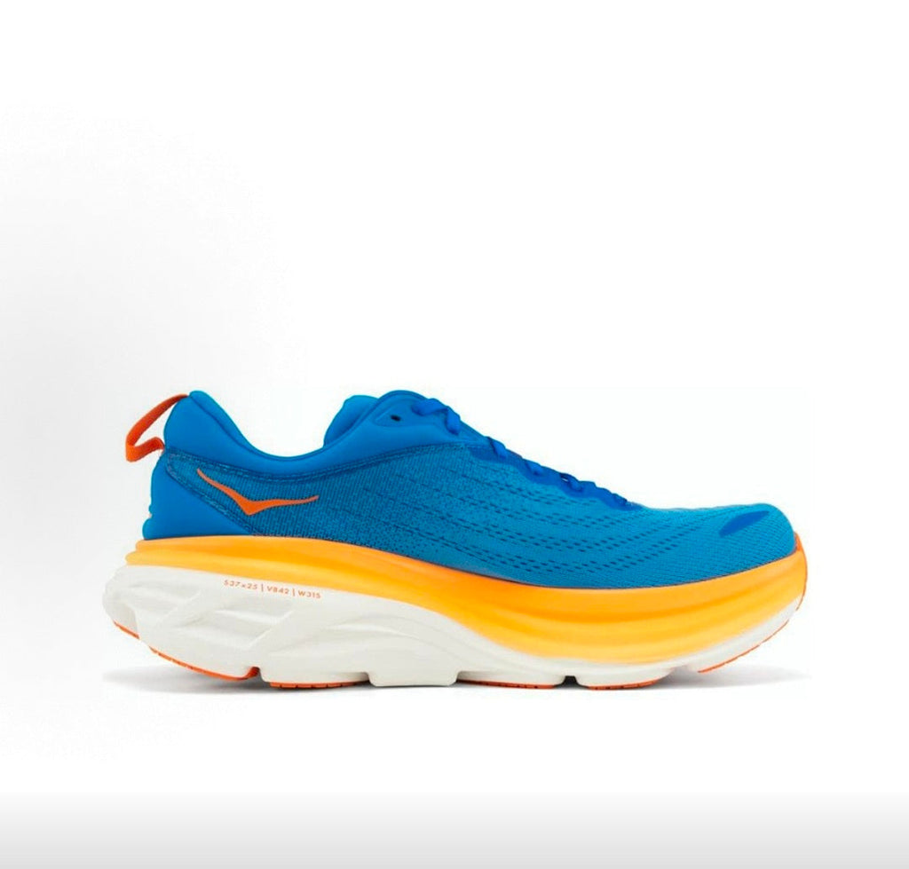 HOKA Bondi 8 Running Shoes in Blue and Orange - product image from the listing.
