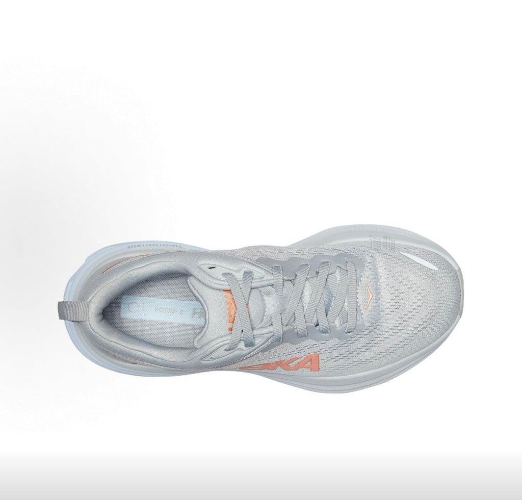 HOKA Bondi 8 Running Sneakers in Gray and Coral - product image from the listing.