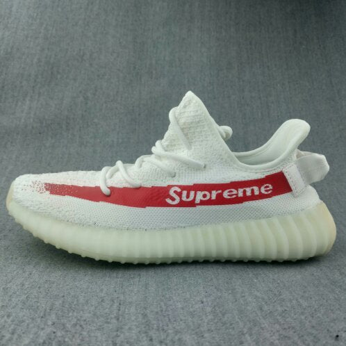 Yeezy 350 V2 Low-Top Sneakers in White and Red - product image from the listing.