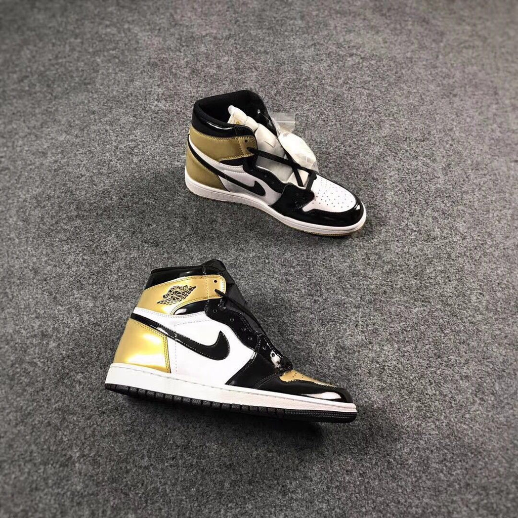Jordan 1 High Mismatched Sneakers in Black Gold White - product image from the listing.