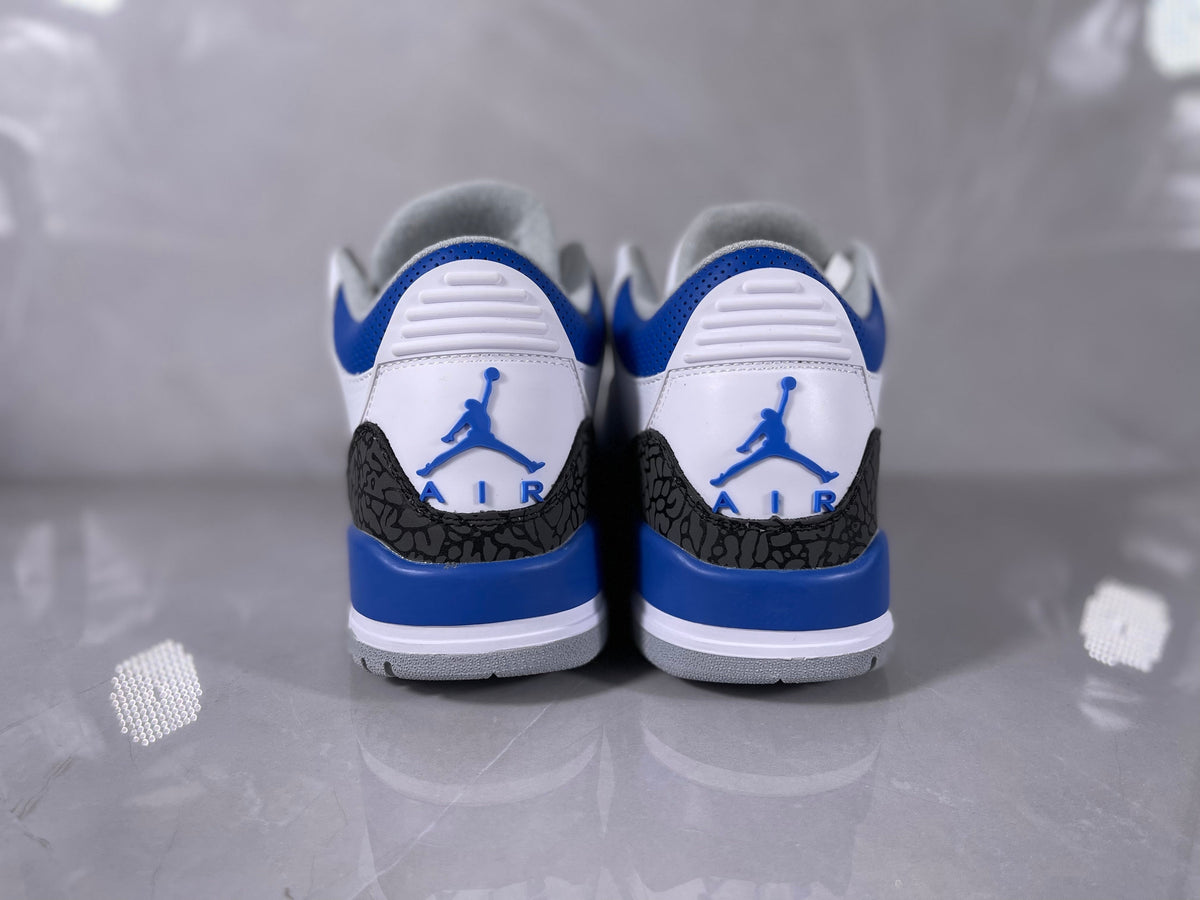 Jordan 3 Retro Basketball Sneakers in White and Royal Blue - product image from the listing.