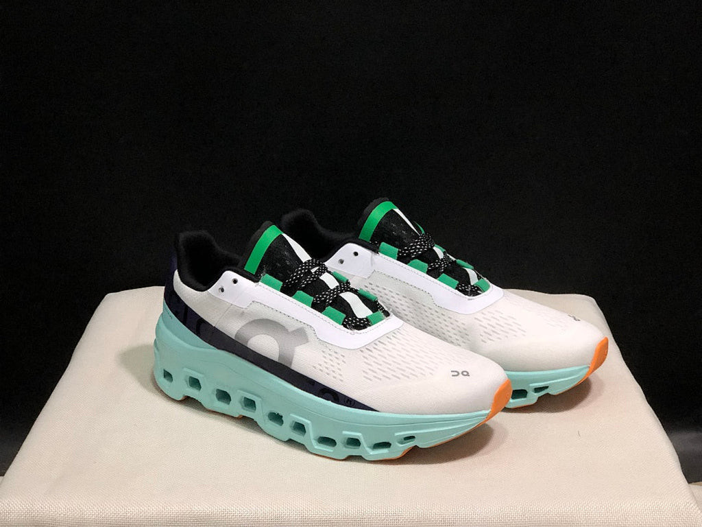 White and Aqua On Cloudmonster Running Shoes - product image from the listing.