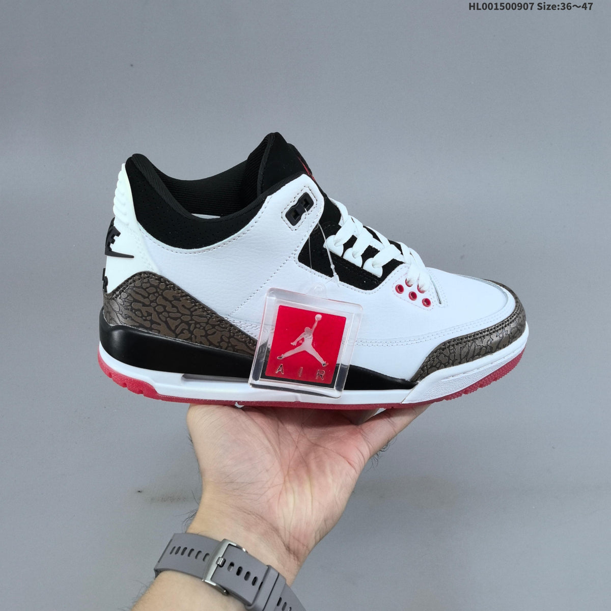 Air Jordan 3 OG World's Best Dad Sneakers in White Black Red - product image from the listing.