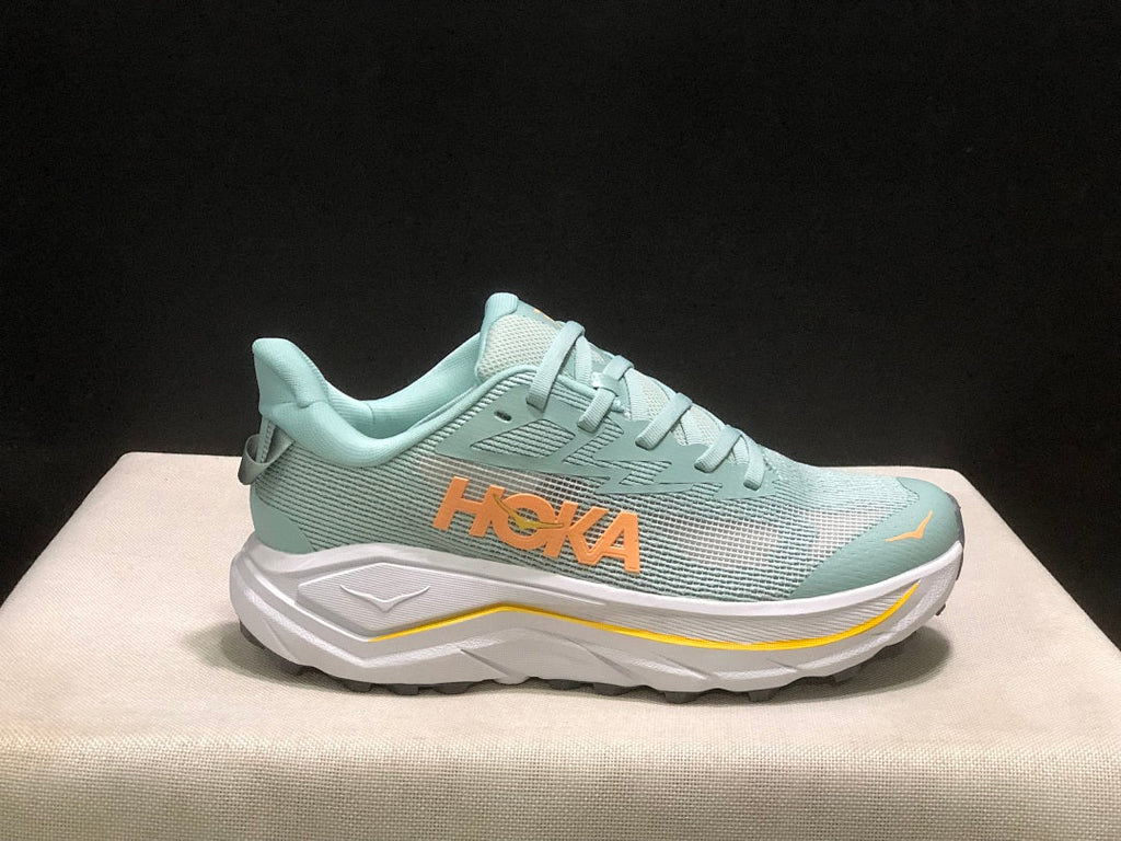 HOKA Challenger 8 Trail Running Shoes, Sage and in Coral - product image from the listing.