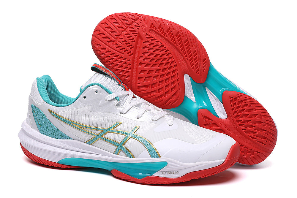 ASICS Court Shoes in White Turquoise Red - product image from the listing.