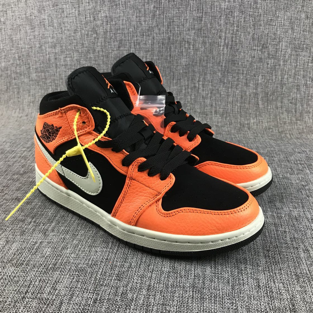Air Jordan 1 Mid Shattered Backboard Sneakers, in Black and Orange - product image from the listing.